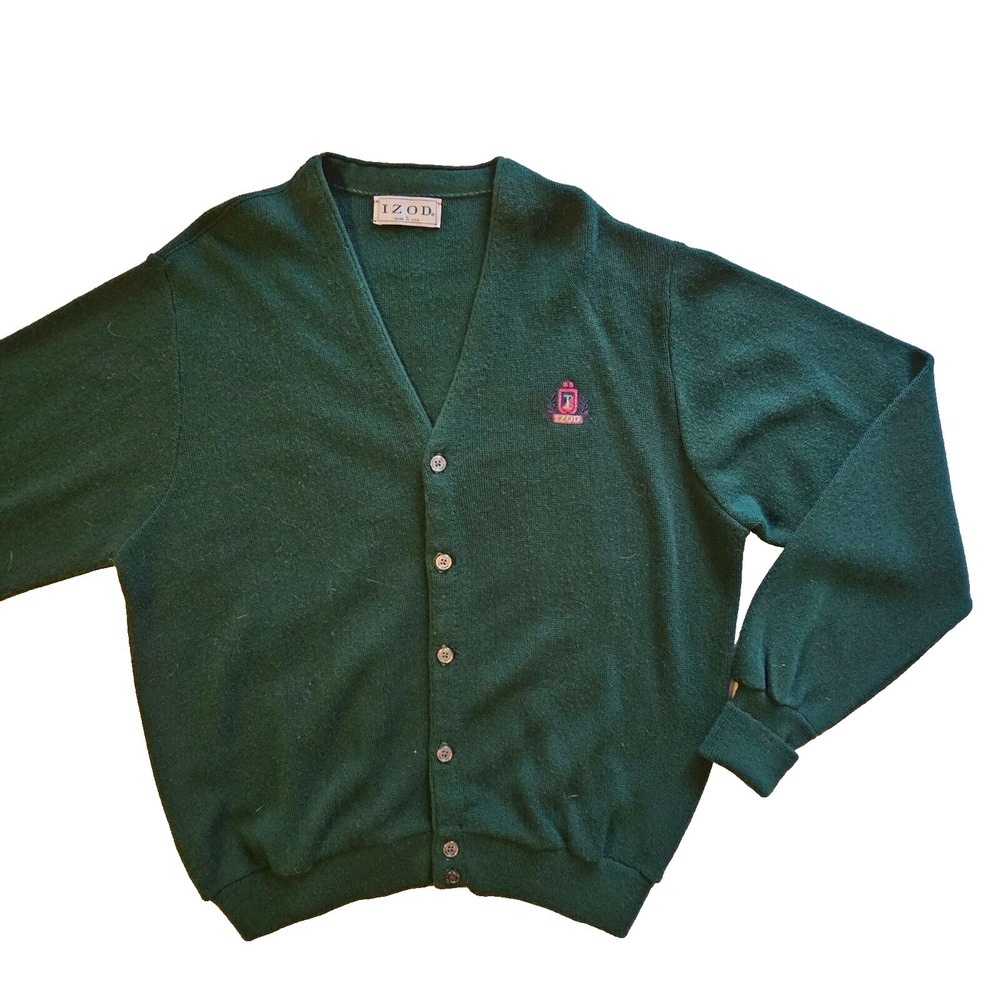 Vintage Izod Men's L Green Acrylic‎ Cardigan Sweater Made In USA I Crest